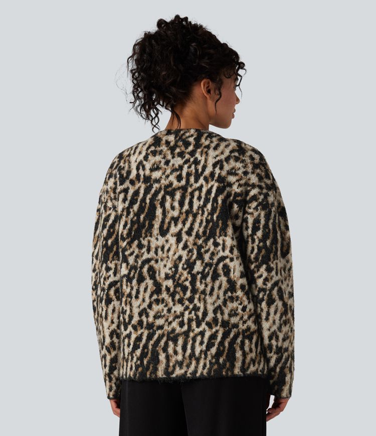 lässige strickjacke mit v-ausschnitt und leopardenmuster aus wollmischung