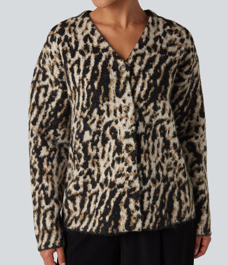lässige strickjacke mit v-ausschnitt und leopardenmuster aus wollmischung