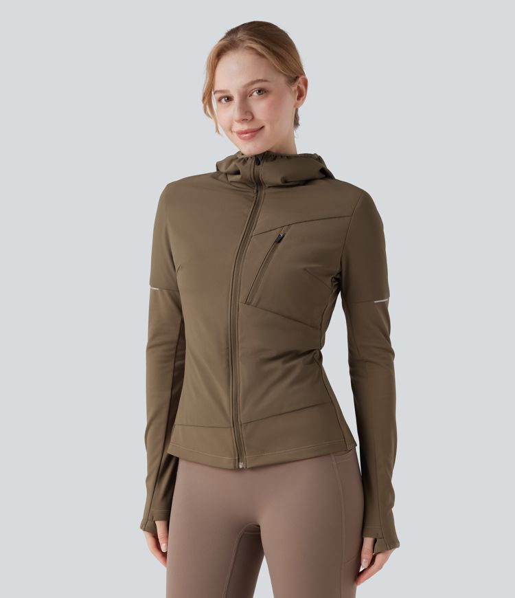 kapuzen-laufjacke mit reißverschluss langen Ärmeln daumenlöchern und tasche