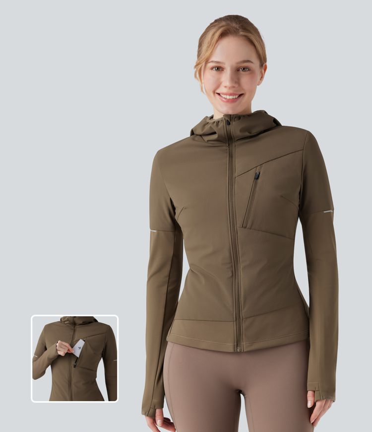 kapuzen-laufjacke mit reißverschluss langen Ärmeln daumenlöchern und tasche