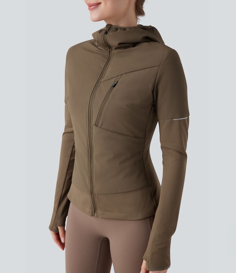 kapuzen-laufjacke mit reißverschluss langen Ärmeln daumenlöchern und tasche
