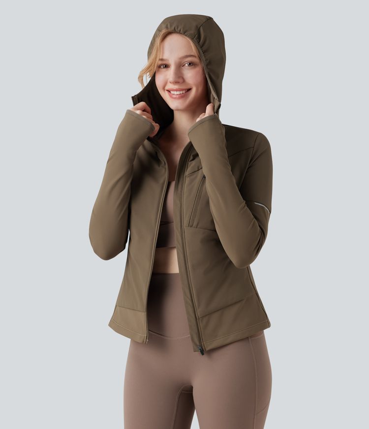kapuzen-laufjacke mit reißverschluss langen Ärmeln daumenlöchern und tasche