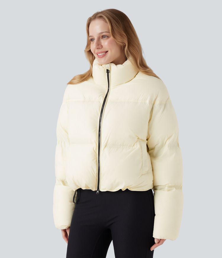 lässige steppjacke mit stehkragen kordelzug am saum und taschen