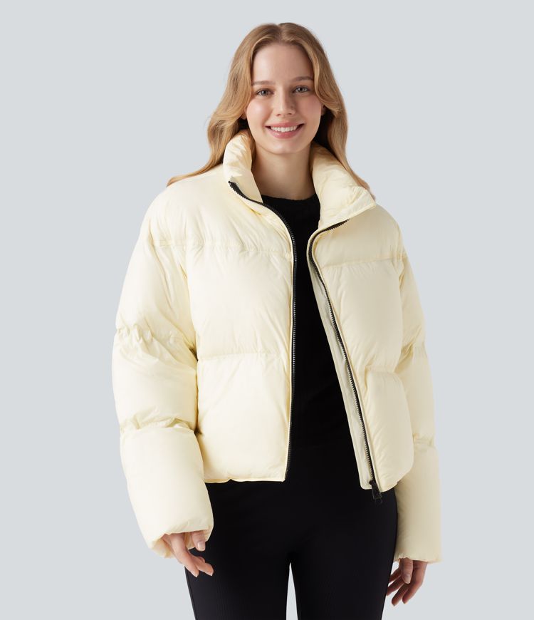 lässige steppjacke mit stehkragen kordelzug am saum und taschen