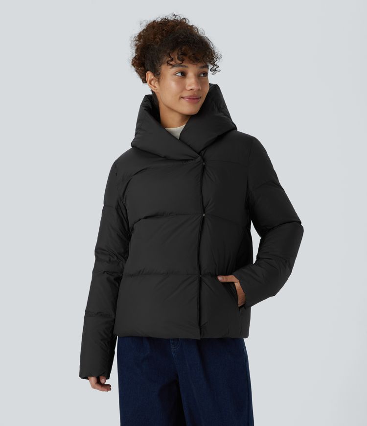 wasserabweisende lässige steppjacke mit kapuze seitlicher reißverschlusstasche und druckknopfverschluss