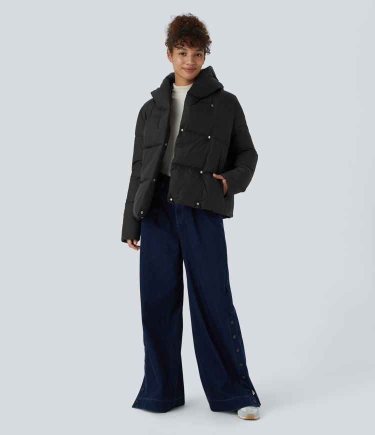 wasserabweisende lässige steppjacke mit kapuze seitlicher reißverschlusstasche und druckknopfverschluss