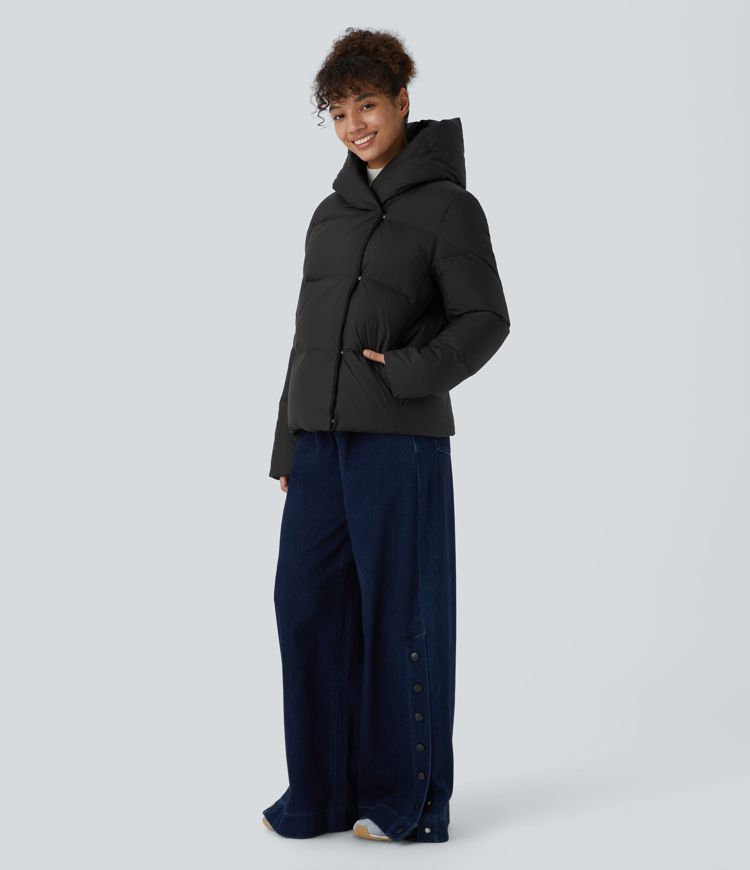 wasserabweisende lässige steppjacke mit kapuze seitlicher reißverschlusstasche und druckknopfverschluss