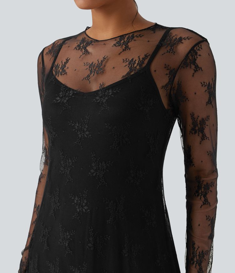 langärmliges zweiteiliges maxikleid aus spitze für den alltag