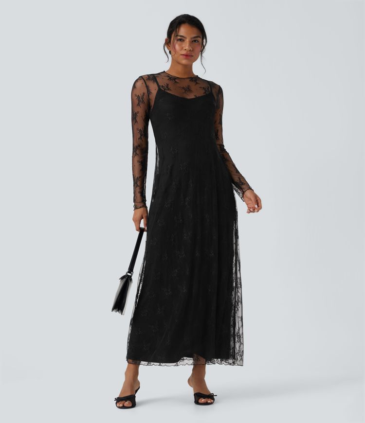 langärmliges zweiteiliges maxikleid aus spitze für den alltag