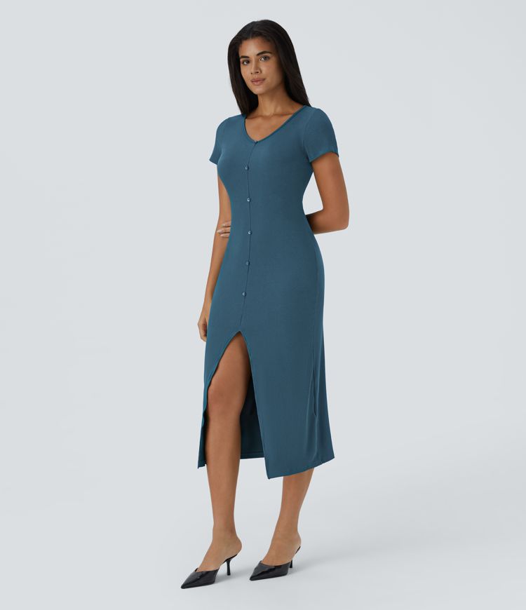 geripptes strickkleid mit v-ausschnitt midi-länge lässig