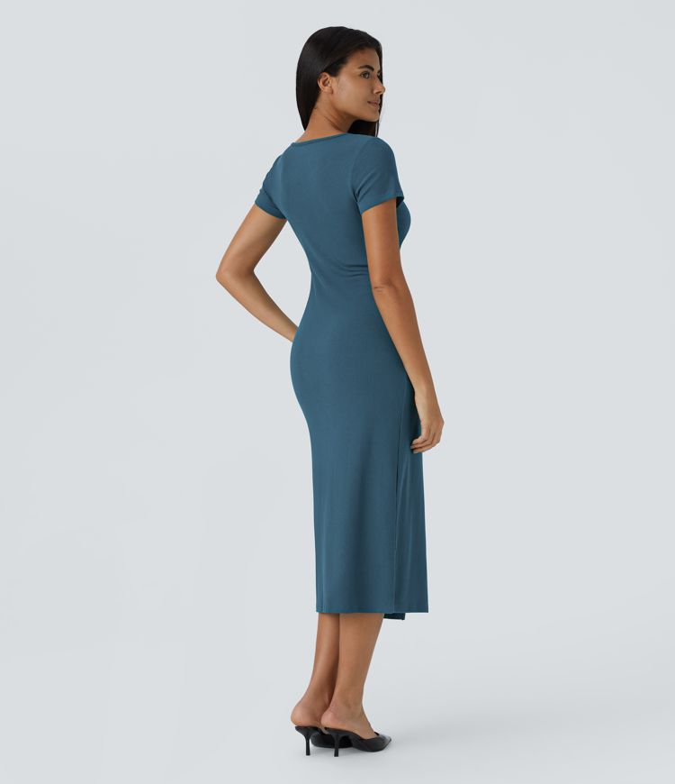 geripptes strickkleid mit v-ausschnitt midi-länge lässig