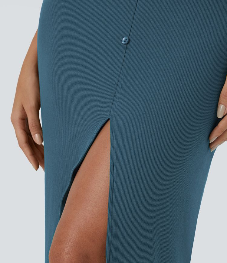 geripptes strickkleid mit v-ausschnitt midi-länge lässig
