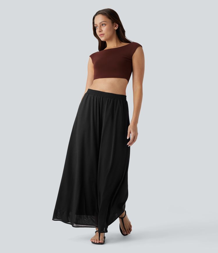 freizeithose mit hohem bund taschen mesh-einsätzen und weitem bein