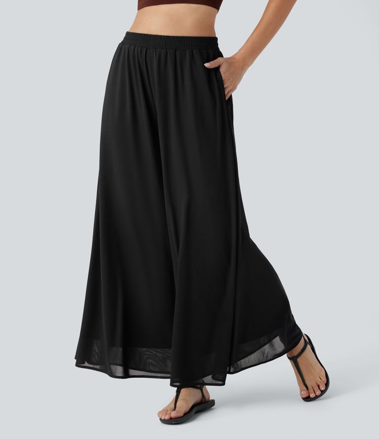 freizeithose mit hohem bund taschen mesh-einsätzen und weitem bein