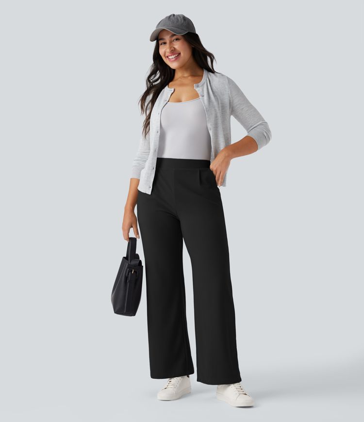 halara flex high waisted tummy control body sculpt waist-slimating wide leg micro waffle work pants with pockets