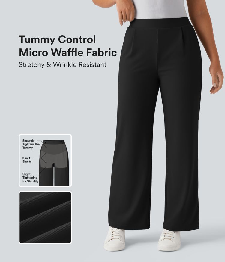 halara flex high waisted tummy control body sculpt waist-slimating wide leg micro waffle work pants with pockets