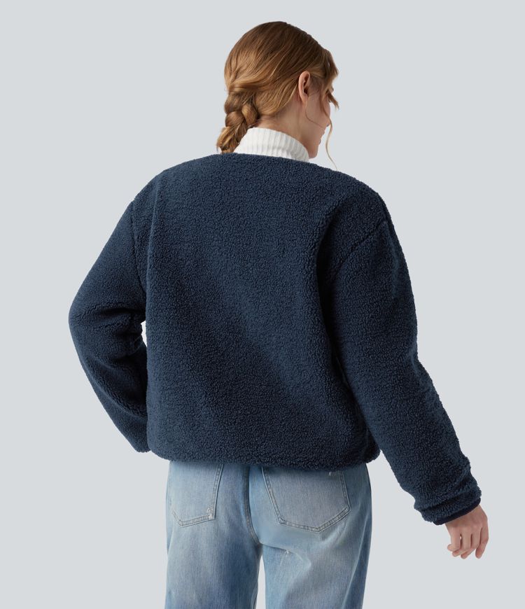 wendbare langärmlige sherpa-freizeitjacke mit taschen zwei looks in einem