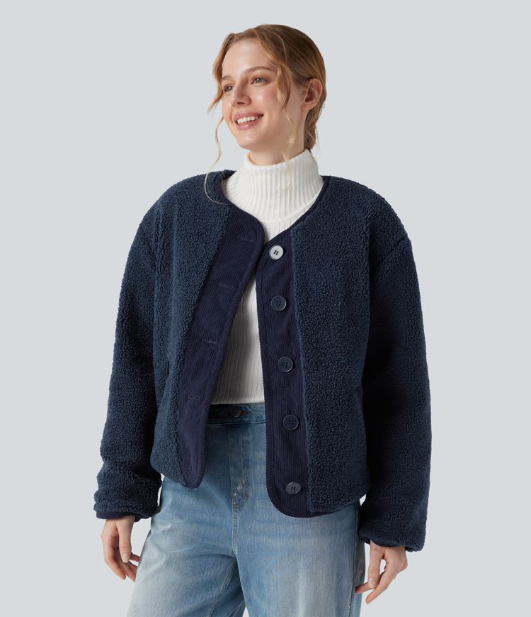 wendbare langärmlige sherpa-freizeitjacke mit taschen zwei looks in einem