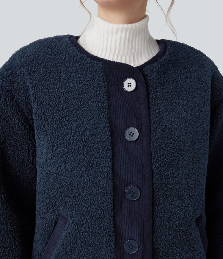wendbare langärmlige sherpa-freizeitjacke mit taschen zwei looks in einem