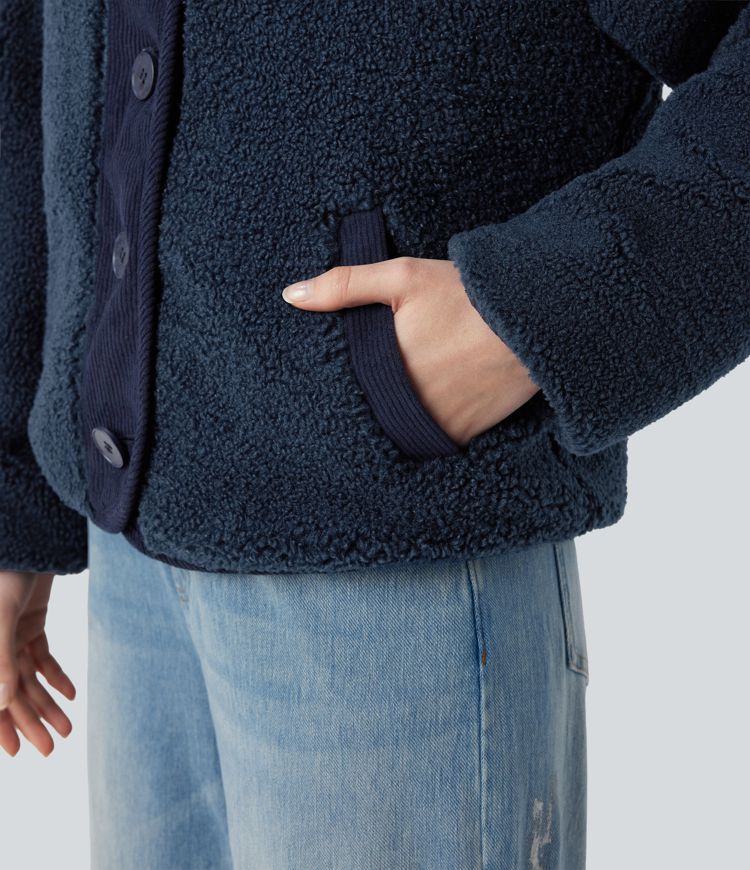 wendbare langärmlige sherpa-freizeitjacke mit taschen zwei looks in einem