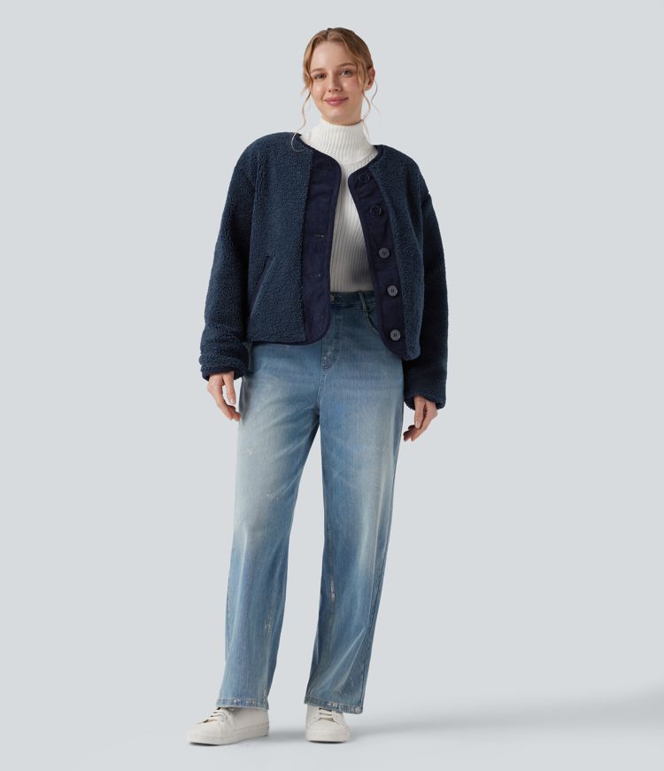 wendbare langärmlige sherpa-freizeitjacke mit taschen zwei looks in einem