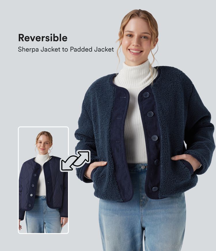 wendbare langärmlige sherpa-freizeitjacke mit taschen zwei looks in einem