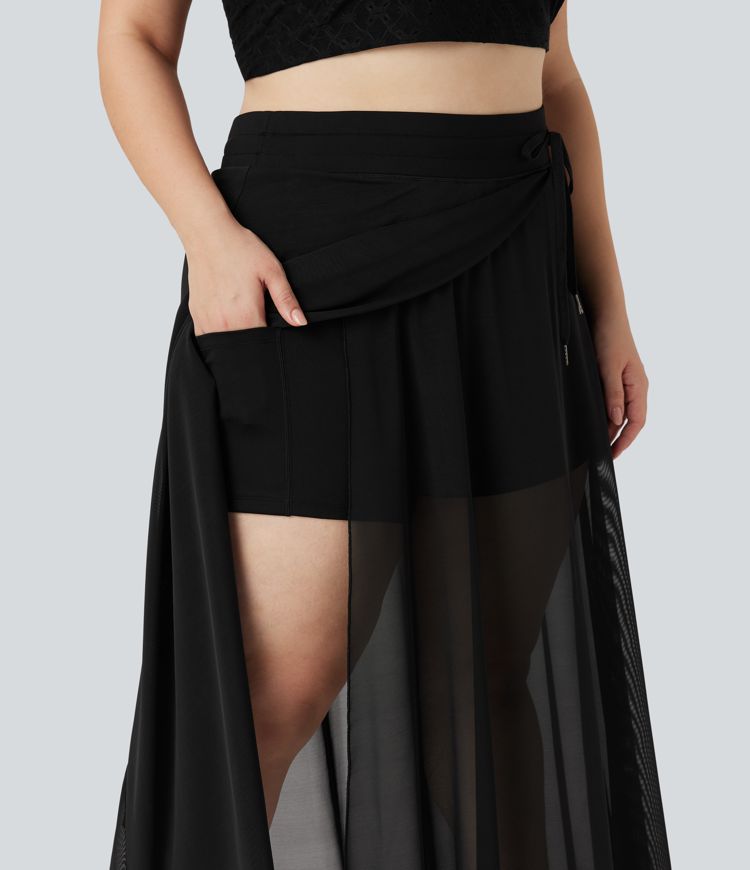 plus size high waisted cordging contrast mesh 2-in-1 flowy maxi rock mit taschen