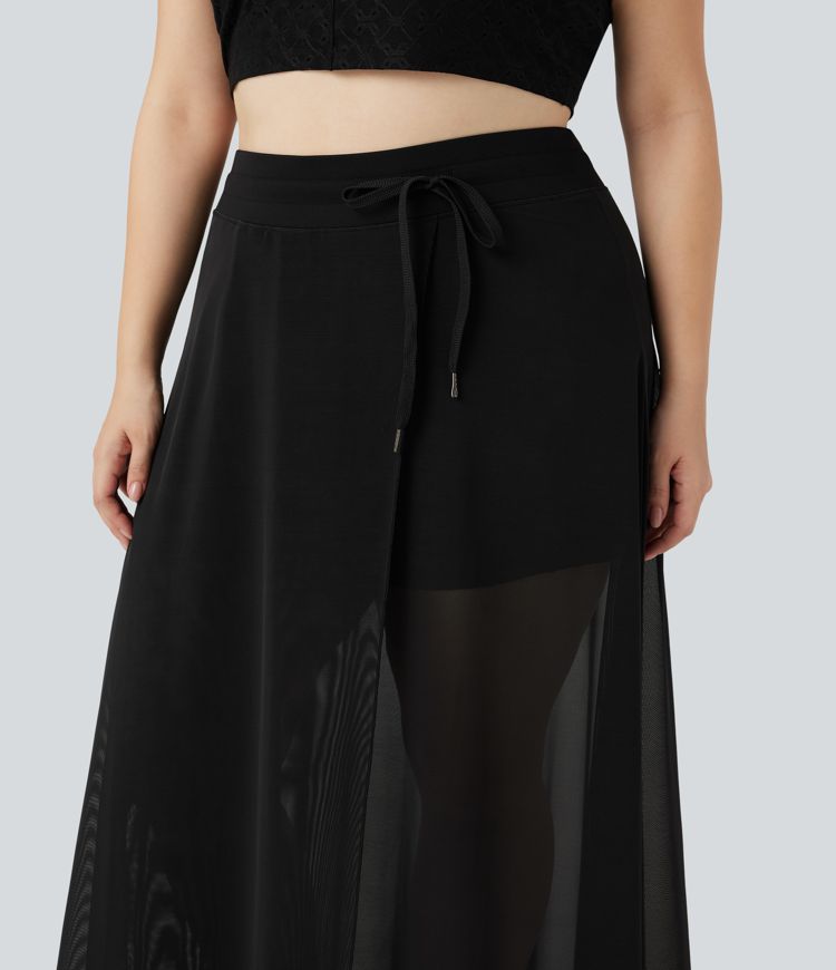 plus size high waisted cordging contrast mesh 2-in-1 flowy maxi rock mit taschen