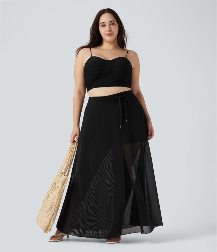 plus size high waisted cordging contrast mesh 2-in-1 flowy maxi rock mit taschen