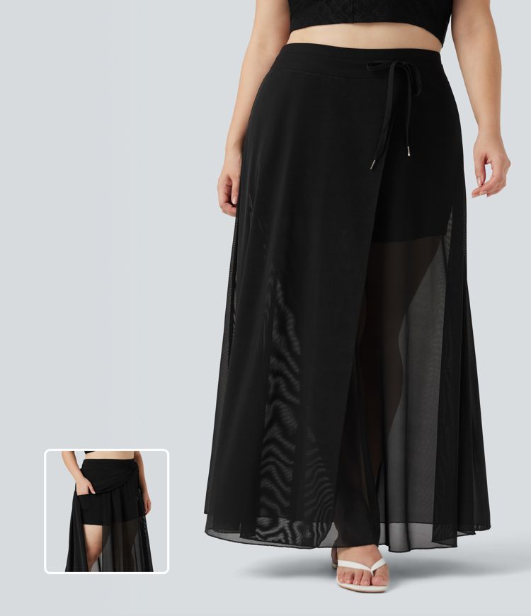 plus size high waisted cordging contrast mesh 2-in-1 flowy maxi rock mit taschen