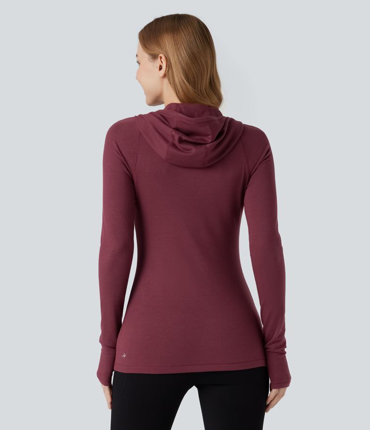 halara heatcore kapuzen-langarmshirt mit daumenlöchern wärmend ideal für yoga und sport