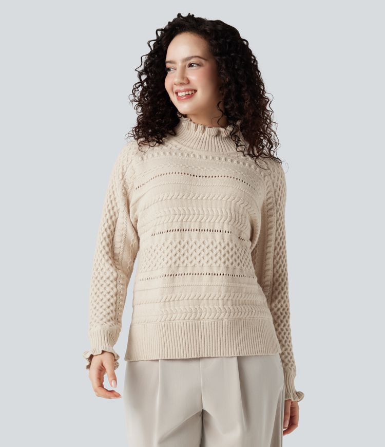 lässiger pullover mit rüschen stehkragen langen Ärmeln und cut-outs