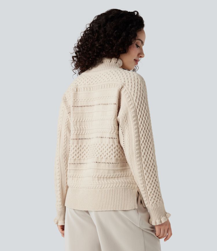 lässiger pullover mit rüschen stehkragen langen Ärmeln und cut-outs