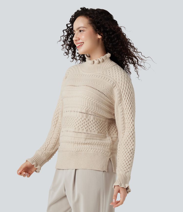 lässiger pullover mit rüschen stehkragen langen Ärmeln und cut-outs