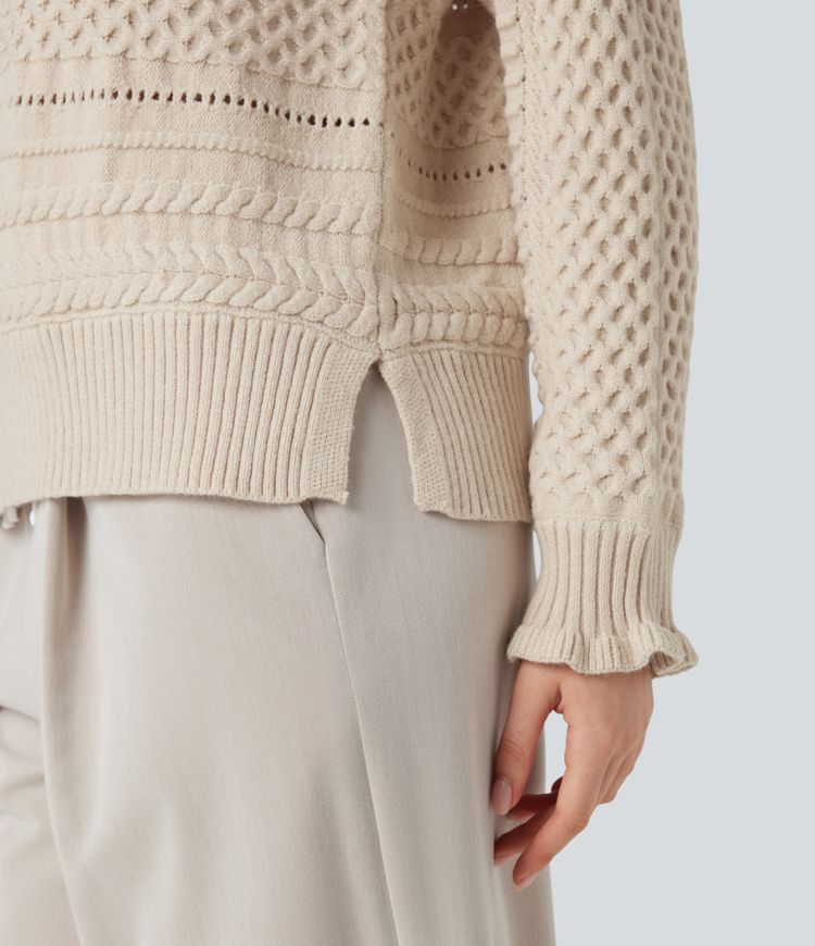 lässiger pullover mit rüschen stehkragen langen Ärmeln und cut-outs
