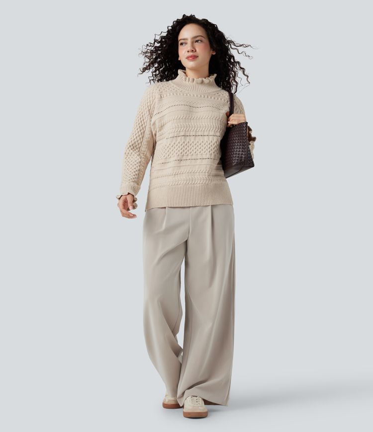 lässiger pullover mit rüschen stehkragen langen Ärmeln und cut-outs