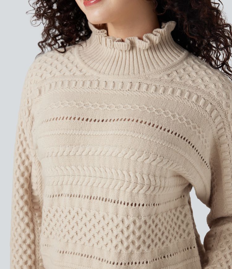 lässiger pullover mit rüschen stehkragen langen Ärmeln und cut-outs
