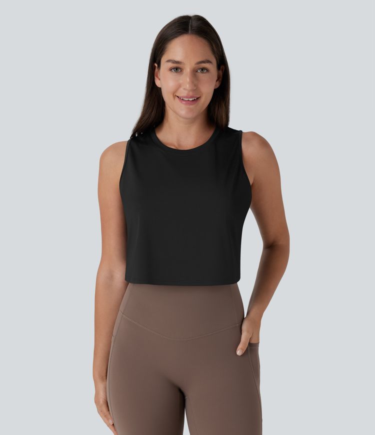 kurzes yoga-tanktop mit cut-out-crossover-saum