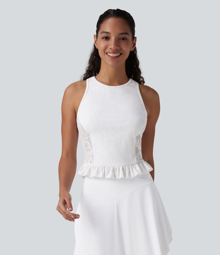 lässiges tanktop mit rundhalsausschnitt rüschensaum und spitze