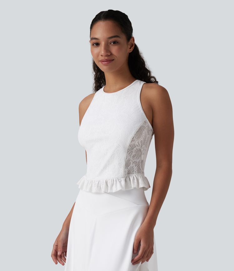 lässiges tanktop mit rundhalsausschnitt rüschensaum und spitze