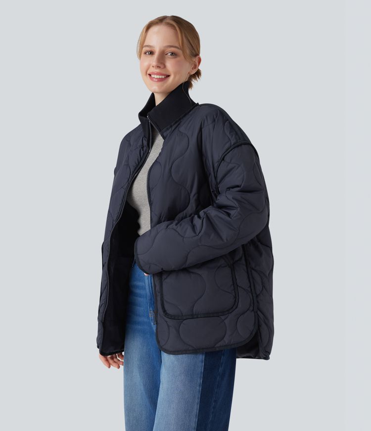 lässige gesteppte freizeitjacke mit hohem kragen reißverschluss langen Ärmeln und taschen