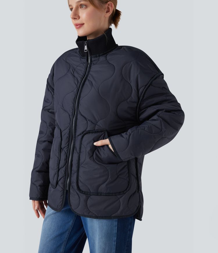 lässige gesteppte freizeitjacke mit hohem kragen reißverschluss langen Ärmeln und taschen