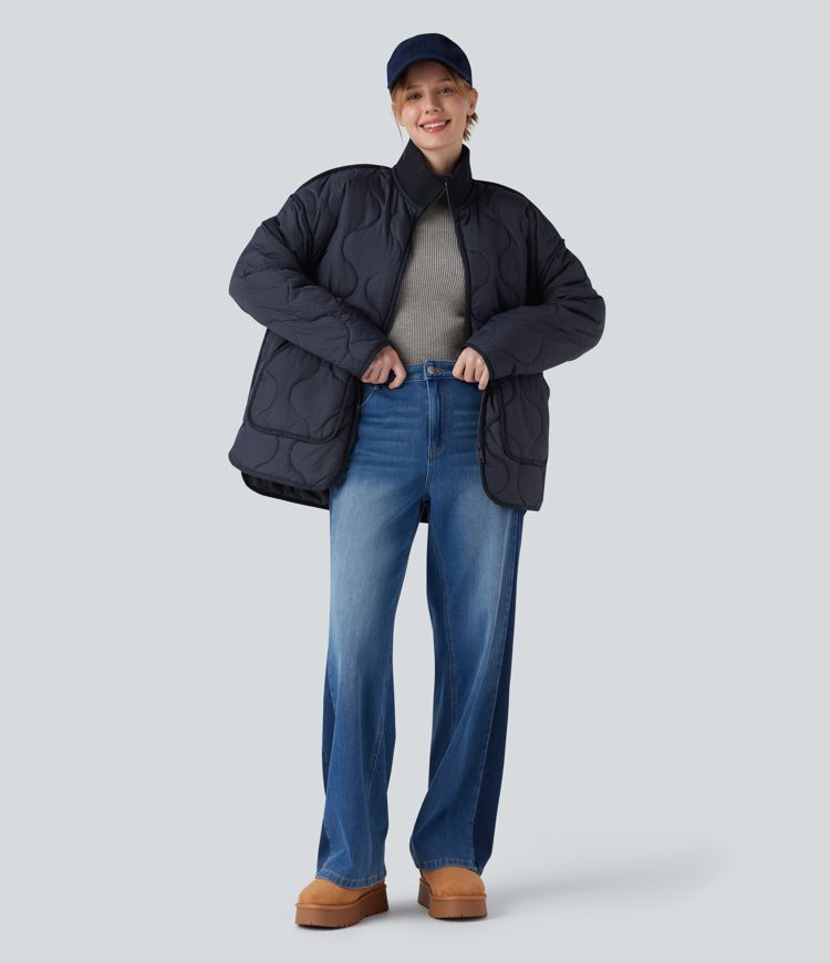 lässige gesteppte freizeitjacke mit hohem kragen reißverschluss langen Ärmeln und taschen
