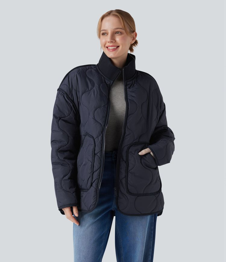 lässige gesteppte freizeitjacke mit hohem kragen reißverschluss langen Ärmeln und taschen