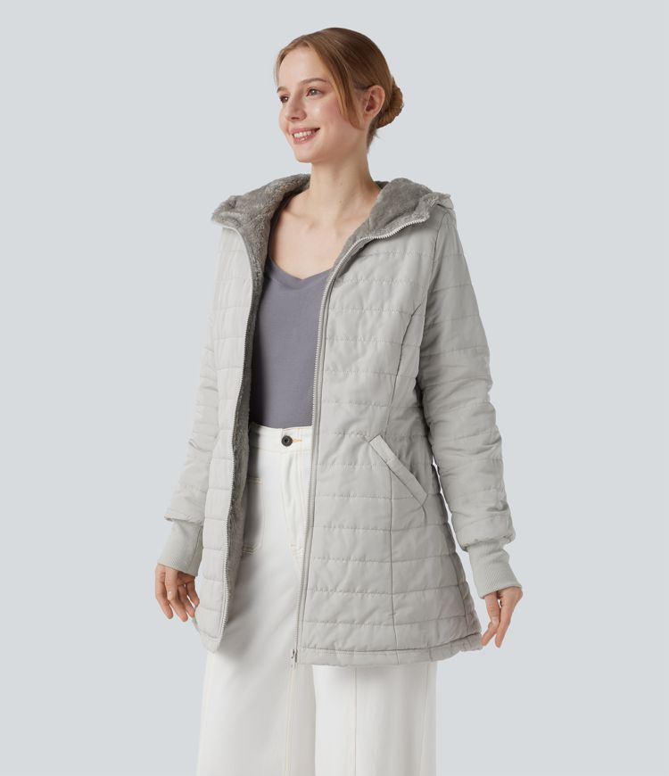 kapuzenjacke mit reißverschluss langen Ärmeln lässigem sherpa-kunstfellfutter und taschen