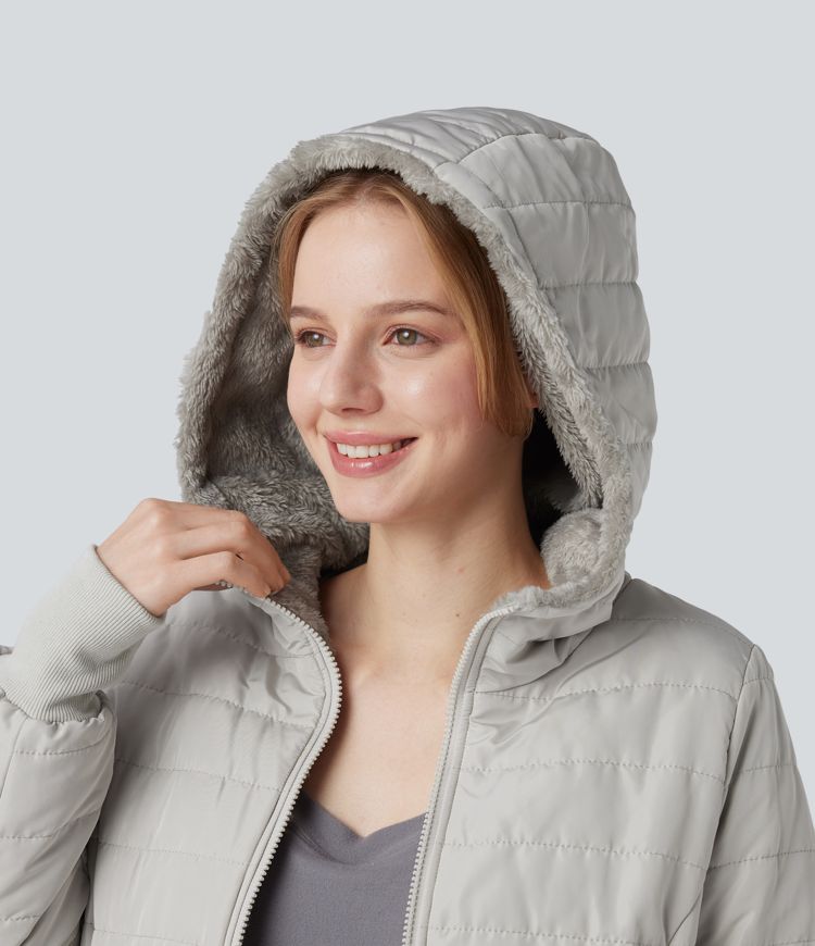 kapuzenjacke mit reißverschluss langen Ärmeln lässigem sherpa-kunstfellfutter und taschen