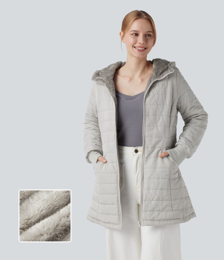 kapuzenjacke mit reißverschluss langen Ärmeln lässigem sherpa-kunstfellfutter und taschen