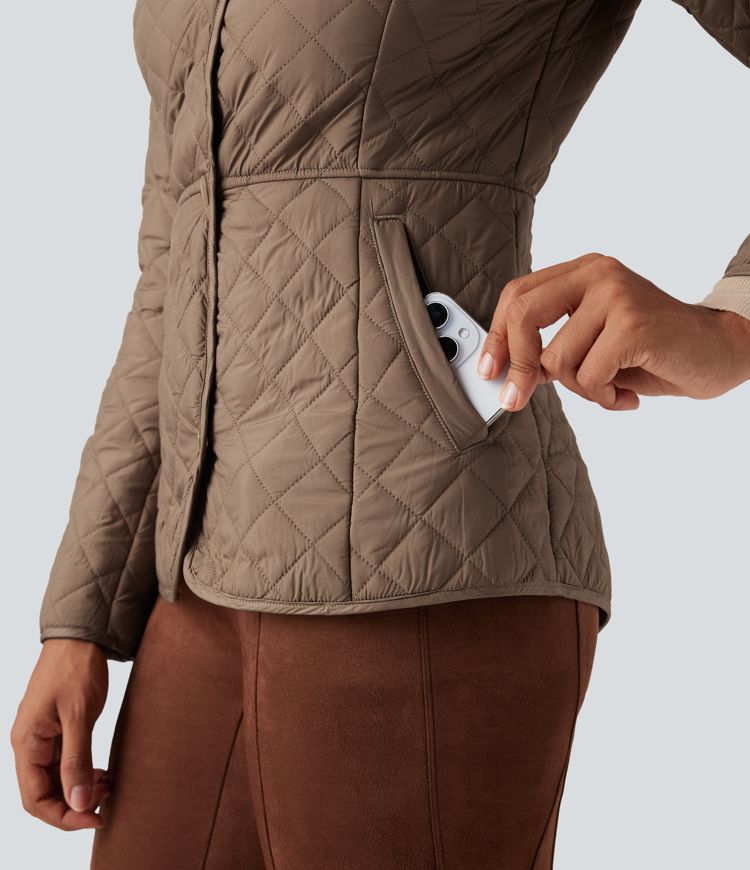 wasserabweisende langärmlige packbare lässige steppjacke mit synthetischen daunen und taschen
