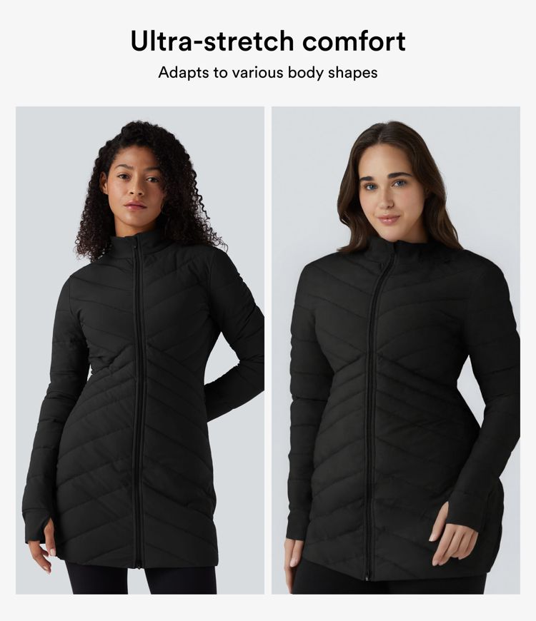 puffflex stehkragen lange Ärmel daumenlöcher reißverschluss am saum dehnbare schmal geschnittene lässige steppjacke mit taschen
