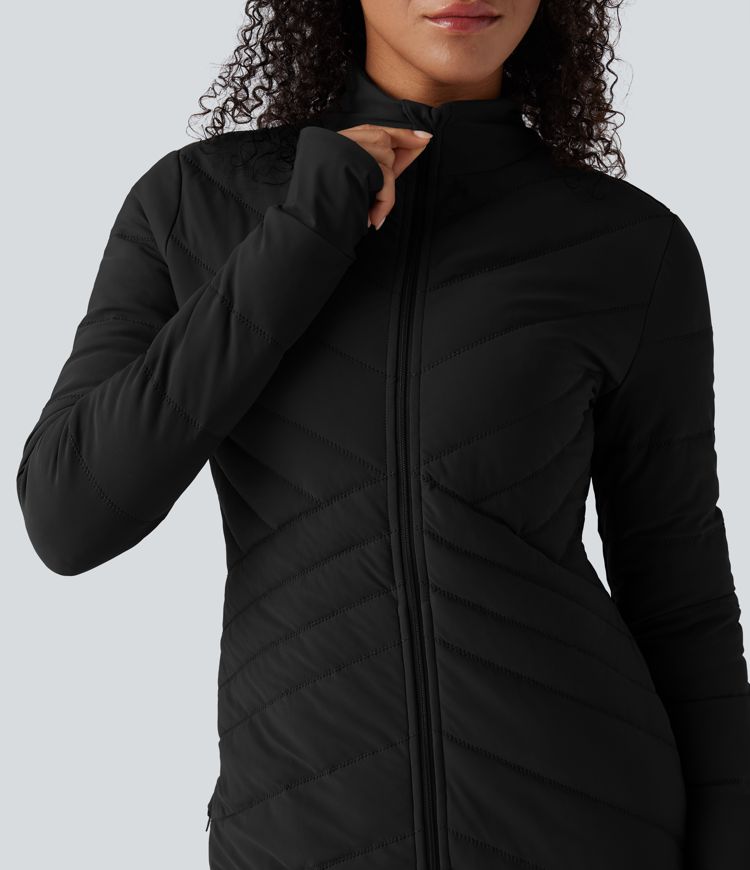 puffflex stehkragen lange Ärmel daumenlöcher reißverschluss am saum dehnbare schmal geschnittene lässige steppjacke mit taschen